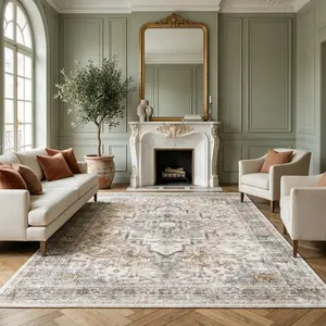YIHOUSE Boho Style Decorative Area Rug - Washable Vintage Flat Weave, Non-Slip Low-Pile Soft Carpet, Neutral Tone Rugs for Living Room, Bedroom, Bohemian Vibe Home Accessory