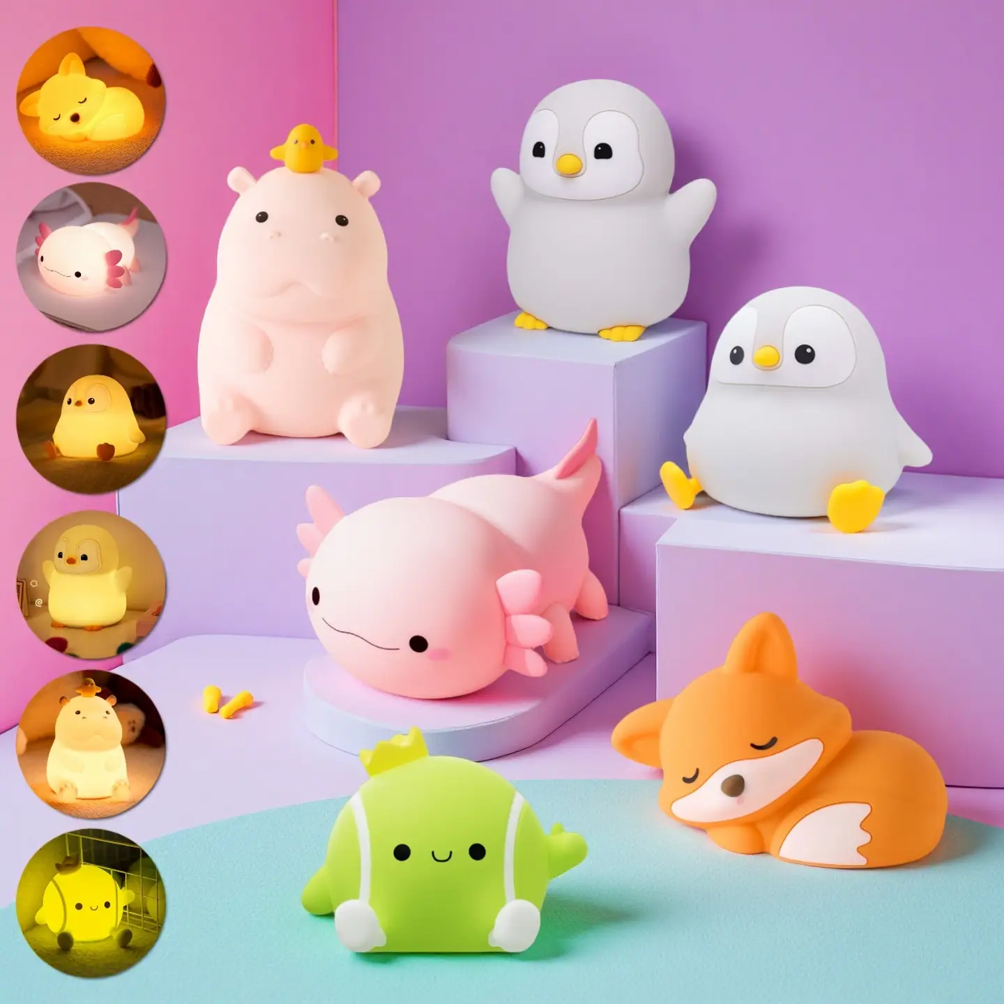 2025 New Original LED Cute Pink Animal Night Lights, Creative Axolotl/Penguin/Tennis/Hippo/Fox/Capybara/Duck/Ghost Design, Silicone Touch Nursery Ligh