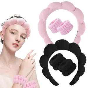 LMMAKE Spa Headbands for Washing Face Wristband Set Sponge Makeup Skincare Headband Wrist Towels Bubble Soft Terry Towel Cloth Hairband for Women Puffy Headwear Non Slip Thick Thin Hair Headwear