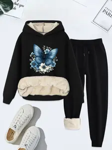 Women's Hooded Sweatshirt Set, Butterfly & Flower Print, Casual Fall Winter, Thick Fleece Lined, Two-Piece Tracksuit