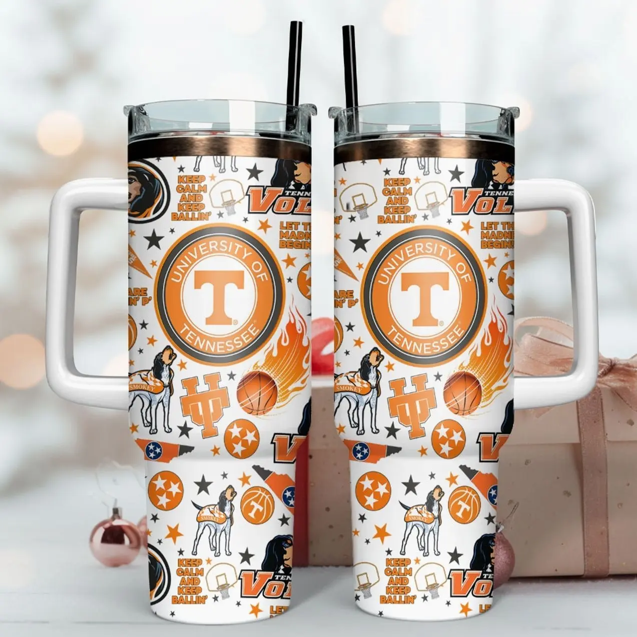 Orange White College Football 40 oz Tumbler with Handle | Stainless Steel Insulated Travel Mug | Tennessee Sports Fan Gift | Cold Drinks Cup