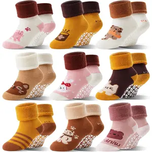 Toddlers Kids Grips Socks Warm Thermal Winter Thick Anti Slip Non Skid Ankle Crew Socks 9 Pairs for Baby Boys Girls Infants