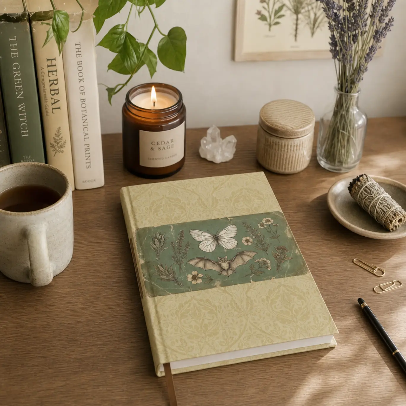 Vintage Botanical Butterfly Hardcover Journal with Bat & Wildflowers Full-Wrapprint, Lined Pages Whimsigoth Cottagecore Notebook, Nature Lovers Office Stationery Gift, Flat Opening