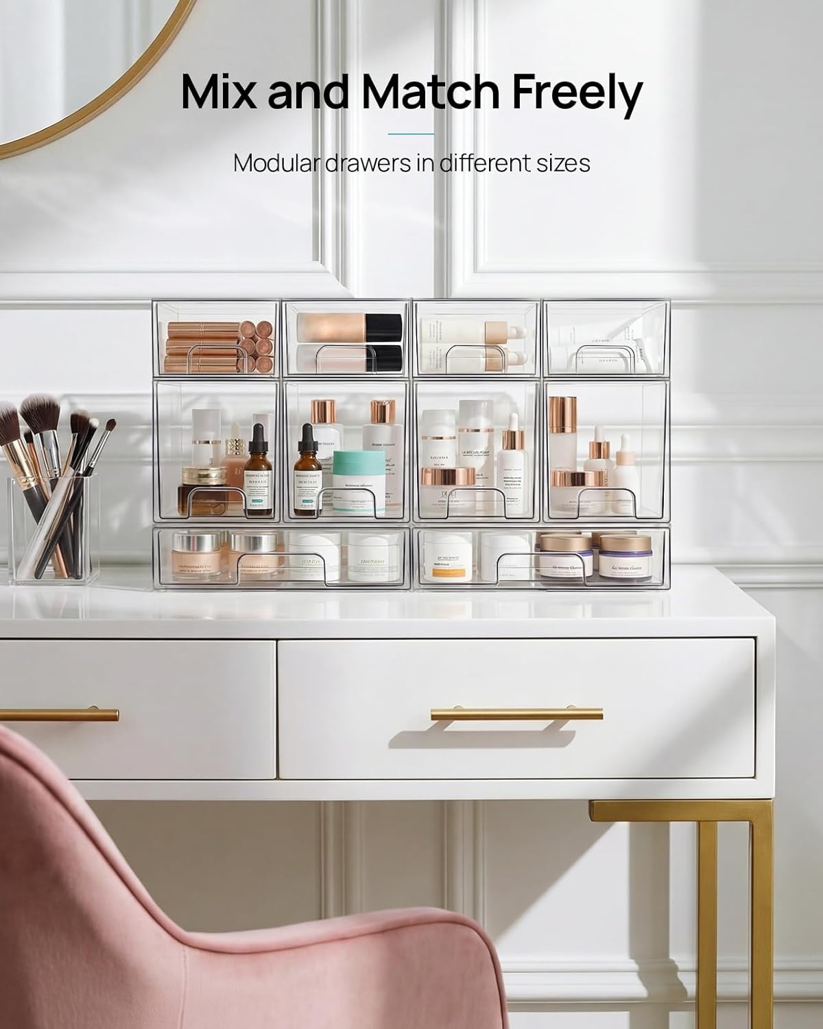 4 Pack Small Clear Stackable Storage Drawers,Acrylic Bathroom Makeup Organizer,Plastic Storage Bins For Vanity, Undersink, Kitchen Cabinets, Pantry, Home Organization