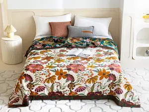 Boho Rustic Throw Blanket,100% Cotton Soft Vintage Bed Throw Blankets Floral Farmhouse Decor Throws,Reversible Throw for Sofa Couch for All Seasons -White