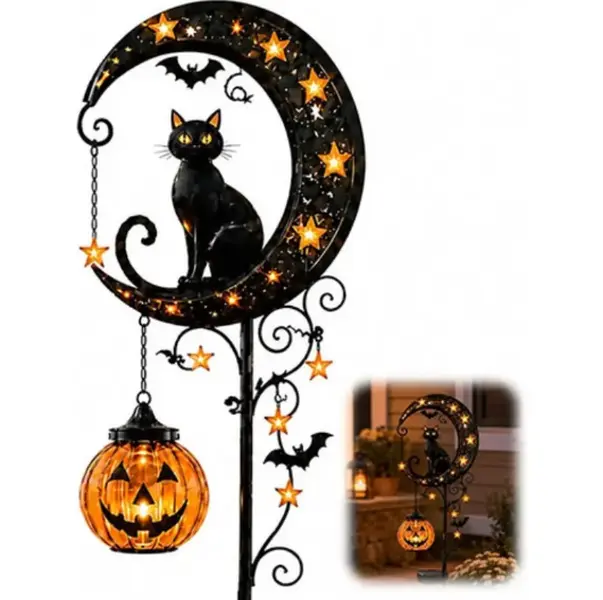 Pumpkin Moon Garden Post Light, Solar Halloween Cat Pumpkin Post Light, Outdoor Waterproof LED Courtyard Decor with Crescent Moon, Hanging Pumpkin Light