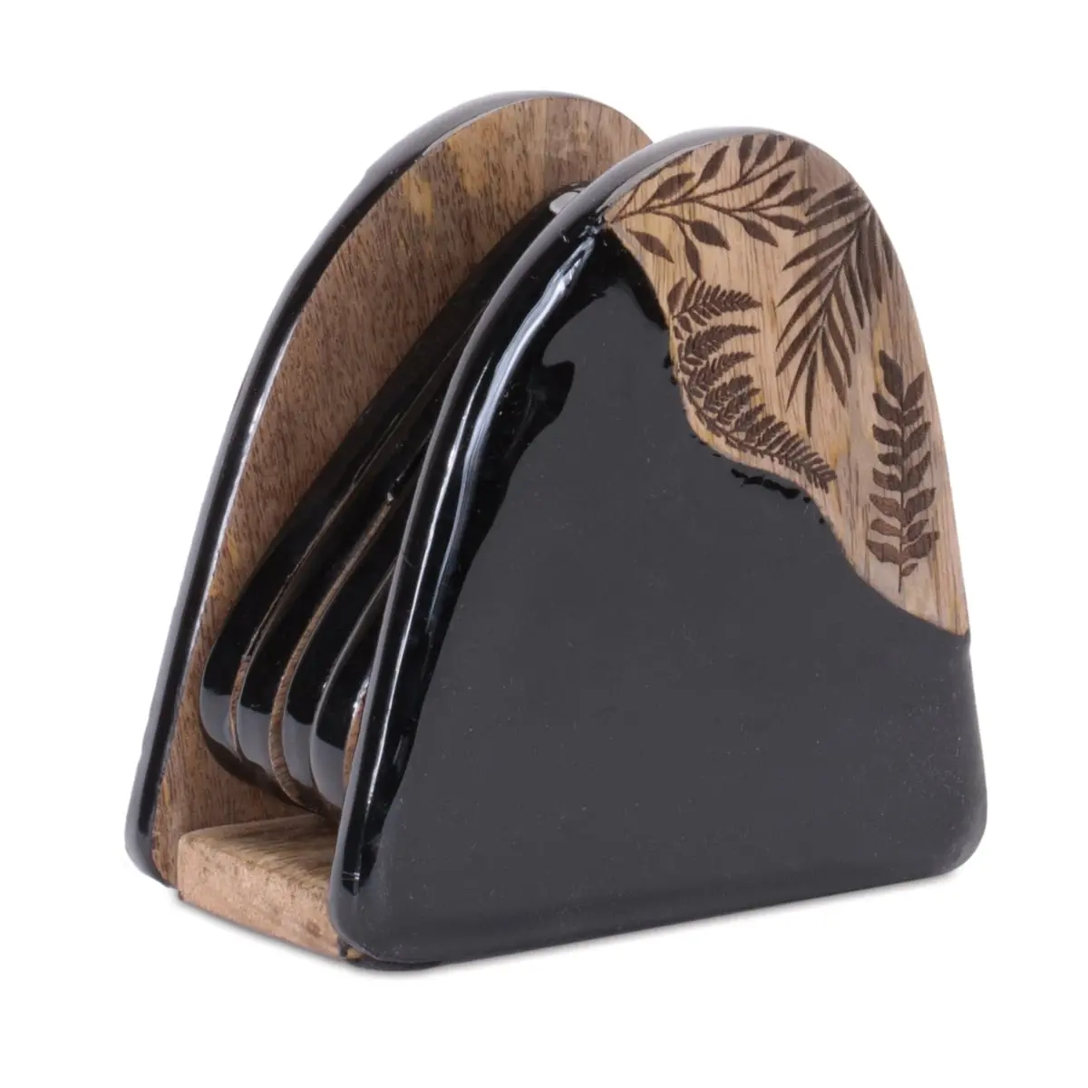 Melrose 96262DS Stylish 5 in. Wooden Indoor Table Top Coasters with Holder, Black-Brown - Set of 5 (Coffee Table Compatible)