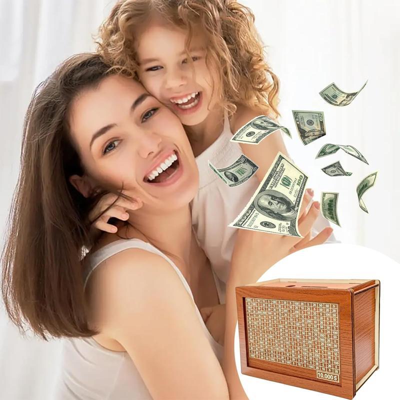 Wooden Money storage jar Money Bank, Countdown Money Saving Box with 10000 Dollars Target, Money storage jar with Money Target and Numbers to Check for Boys Girls (10000 USD)