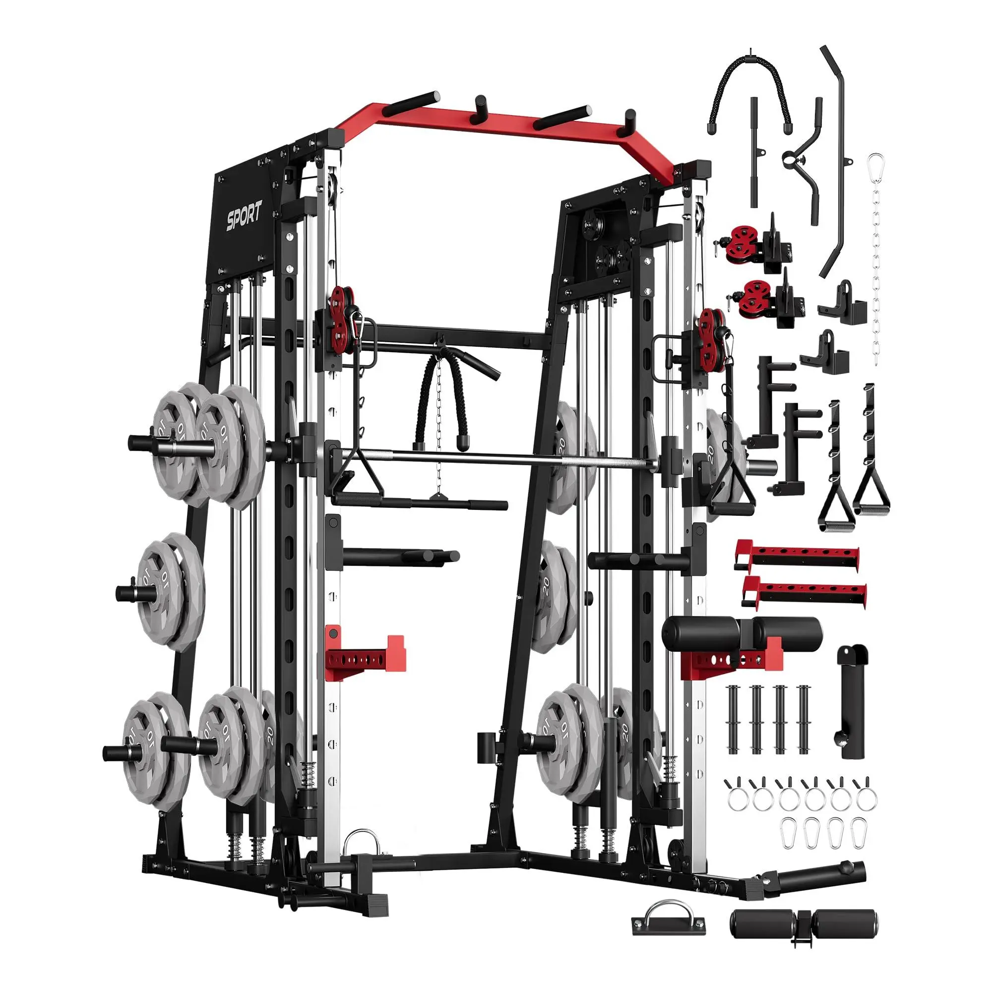 Smith Machine Home Gym, 2200LBS Power Cage Squat Rack with Smith Bar | With Cable Crossover, LAT Pull-Down & Leg Hold-Down - Multi-Functional Strength Training Equipment for Home, Red