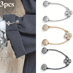 3pcs Women's Floral Magnetic Snap Fasteners, No-Sew Hemming Tape for Shortening Pants, Anti-Drag Elegant Chain Clasps, Anti-Peek Collar and Neckline Fixing Clips, Shirt Cuff Hemming Tool