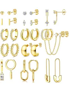 13 Pairs Small Gold Hoop Earrings Set for Women, 14k Gold Plated Hoop Studs Earrings for Women, Hypoallergenic Dainty Gold Earrings for Gift, Classic Style Earrings, Wedding Set Earrings