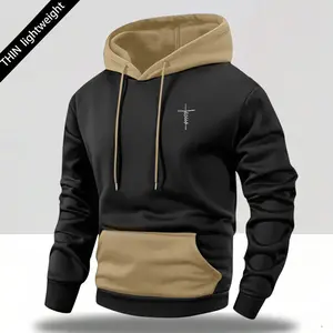 Men's regular fit Jesus letter print color-blocked hooded sweatshirt, kangaroo pocket and drawstring hoodie design, men's patchwork hooded sweatshirt.
