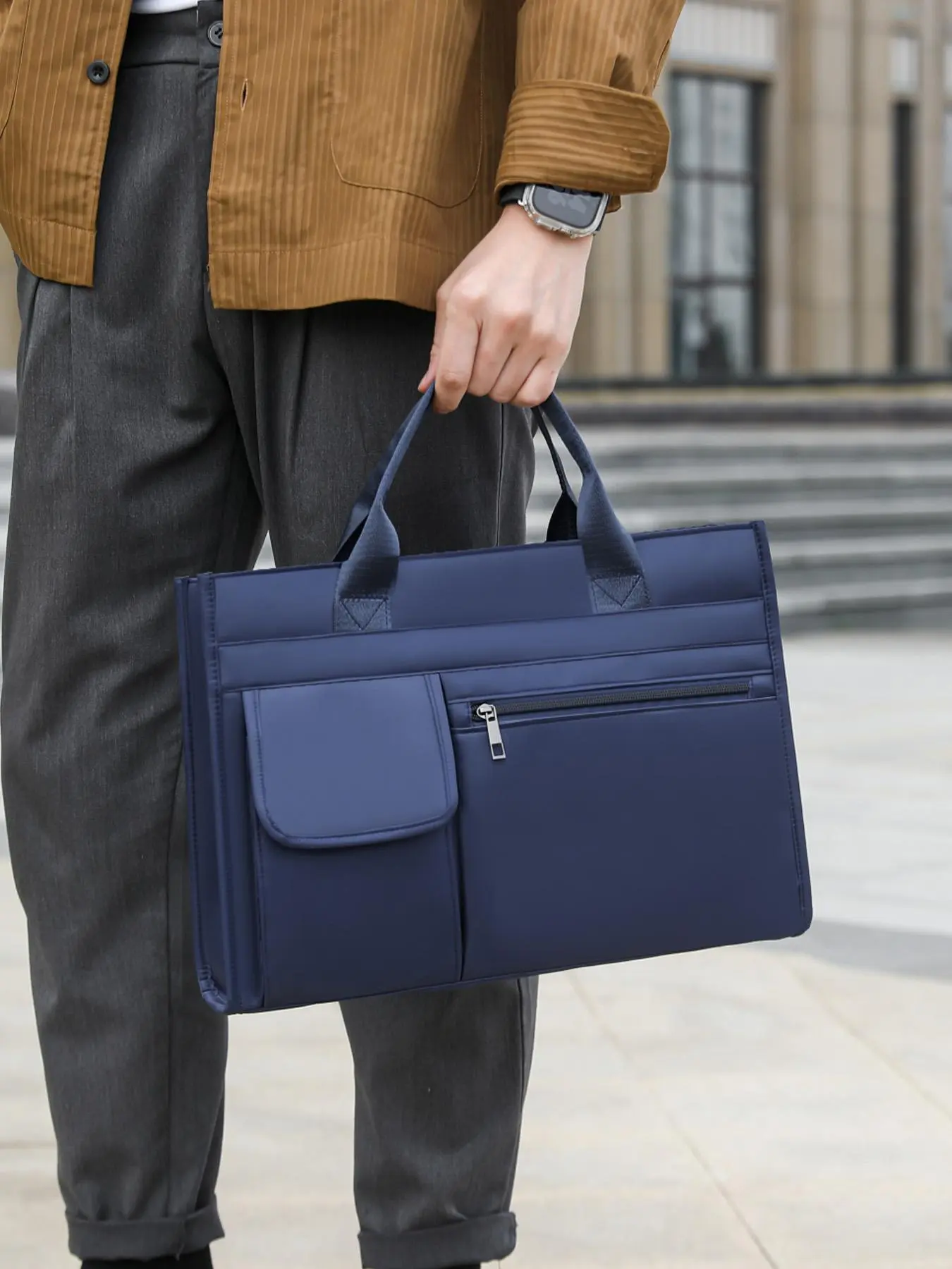 Men's Business Solid Color Tote Bag with Zip, Lightweight Large Capacity Shoulder Bag for Work & School, Casual Trendy Versatile High-quality Daily Commuting Bag