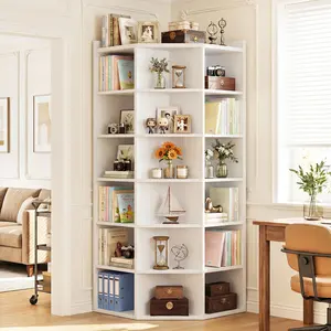 7-Tier L-Shaped Corner Bookshelf with Baffle, Wooden Cubby Display Cabinet & Open Storage Shelving for Small Spaces, Tall Bookcase Shelf Toy Organizer