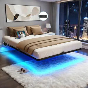 Mr IRONSTONE Floating Bed Frame Queen with LED Lights, Modern Metal Platform Bed Frame Queen Size, Heavy Duty Steel Slats Support, No Box Spring Needed, Noise Free, Easy Assembly, Black