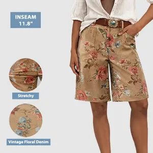 Flamingals Floral Print Patch Pocket High Rise Bermuda Shorts Without Belt Stretchy 11.8'' Inseam