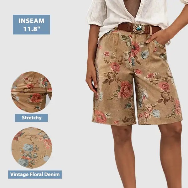 Flamingals Floral Print Patch Pocket High Rise Bermuda Shorts Without Belt Stretchy 11.8'' Inseam Flamingals Floral Print Patch Pocket High Rise Bermuda Shorts Without Belt Stretchy 11.8'' Inseam