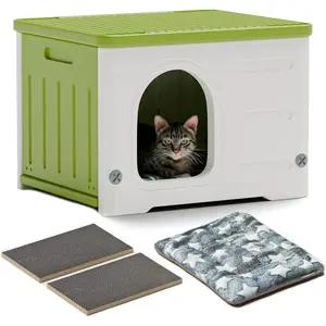Plastic Cat House for Outdoor Indoor Use, Stackable Feral Cat Shelter Indoor Cat House Insulated Weatherproof Waterproof Elevated with Cat Scratching Board & Cushion (Green)