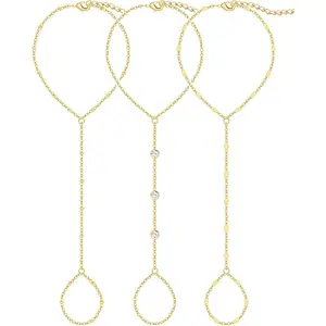 3PCS 14K Gold-Plated Hand Chain Bracelets for Women, Stack Bracelets Set Adjustable, Trendy Dainty Ring Bracelet Hand Chain