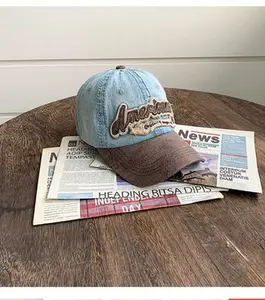 Vintage Distressed Denim Baseball Cap with Faux Suede Brim Retro American Hat