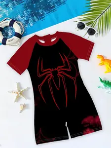 Boys' one-piece swimsuit "Hero Suit Edition" features a passionate red spider web print + skin-friendly and quick-drying one-piece design, trendy, cool, and eye-catching, making it a head-turner during summer water fun!
