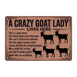 Funny Goat Lady Lives Here Tin Sign, Vintage Goat Mom Metal Sign Print Aesthetic Room Decoration for Home Bedroom Kitchen Bar Coffee Bathroom Indoor Outdoor Wall Decor, 8 X 12 IN