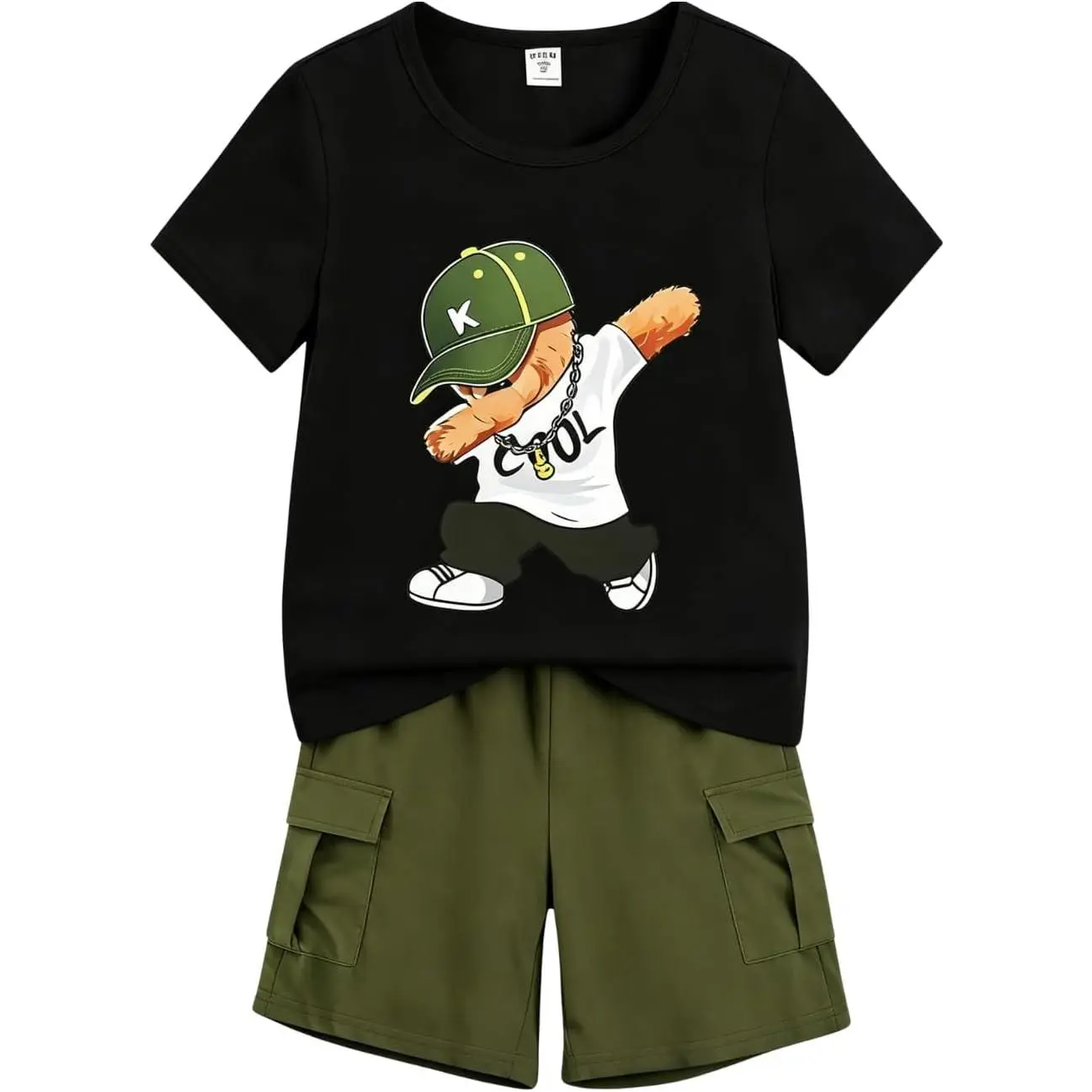 Boys' 2-Piece Summer Outfit Short Sleeve Graphic T-Shirt and Cargo Shorts Set Toddler to Big Kid Size 5-10