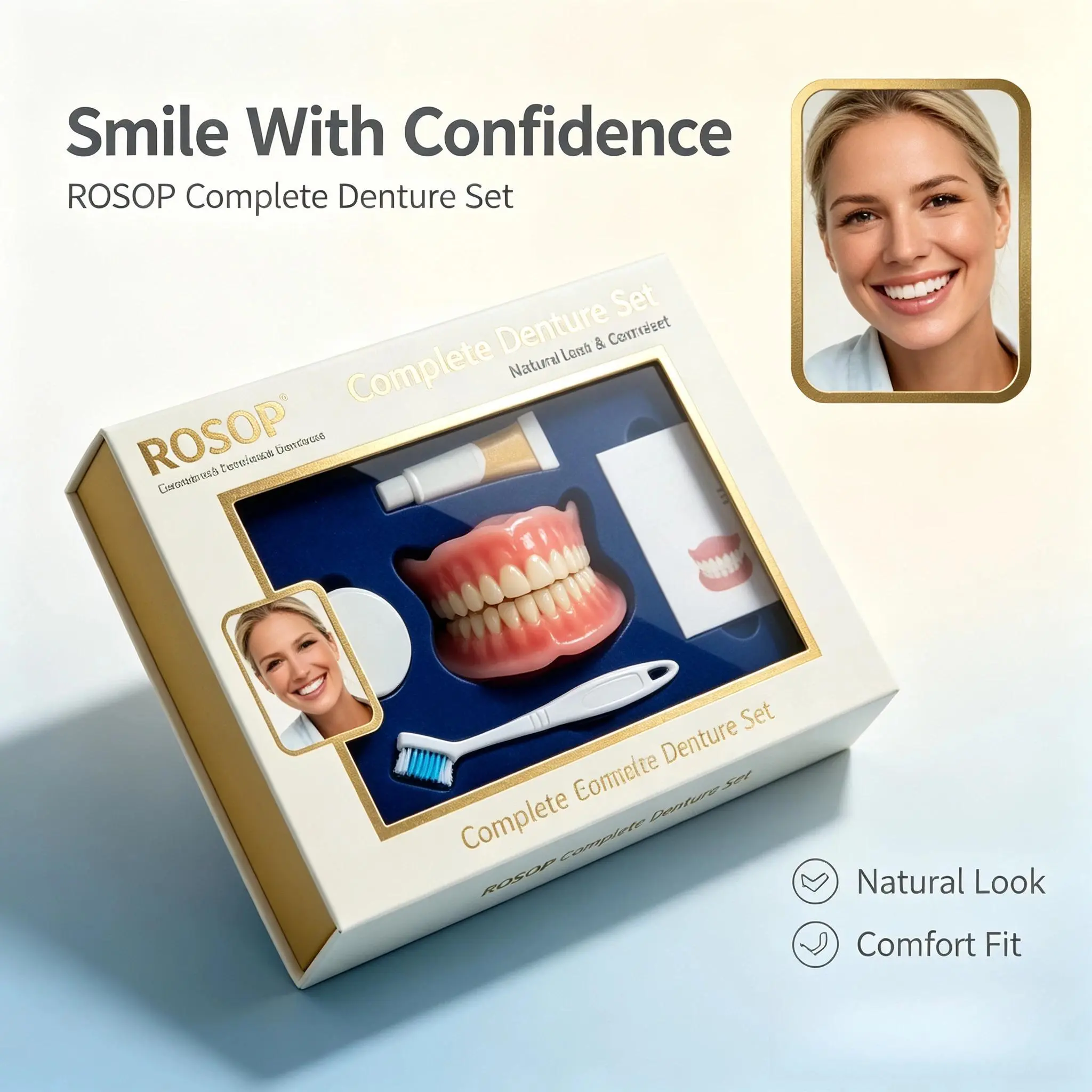 Custom‑Fit Silicone Complete Denture Set, Natural Cosmetic Upper Lower False Teeth with Toothbrush & Daily Smile Makeover Oral Whitening