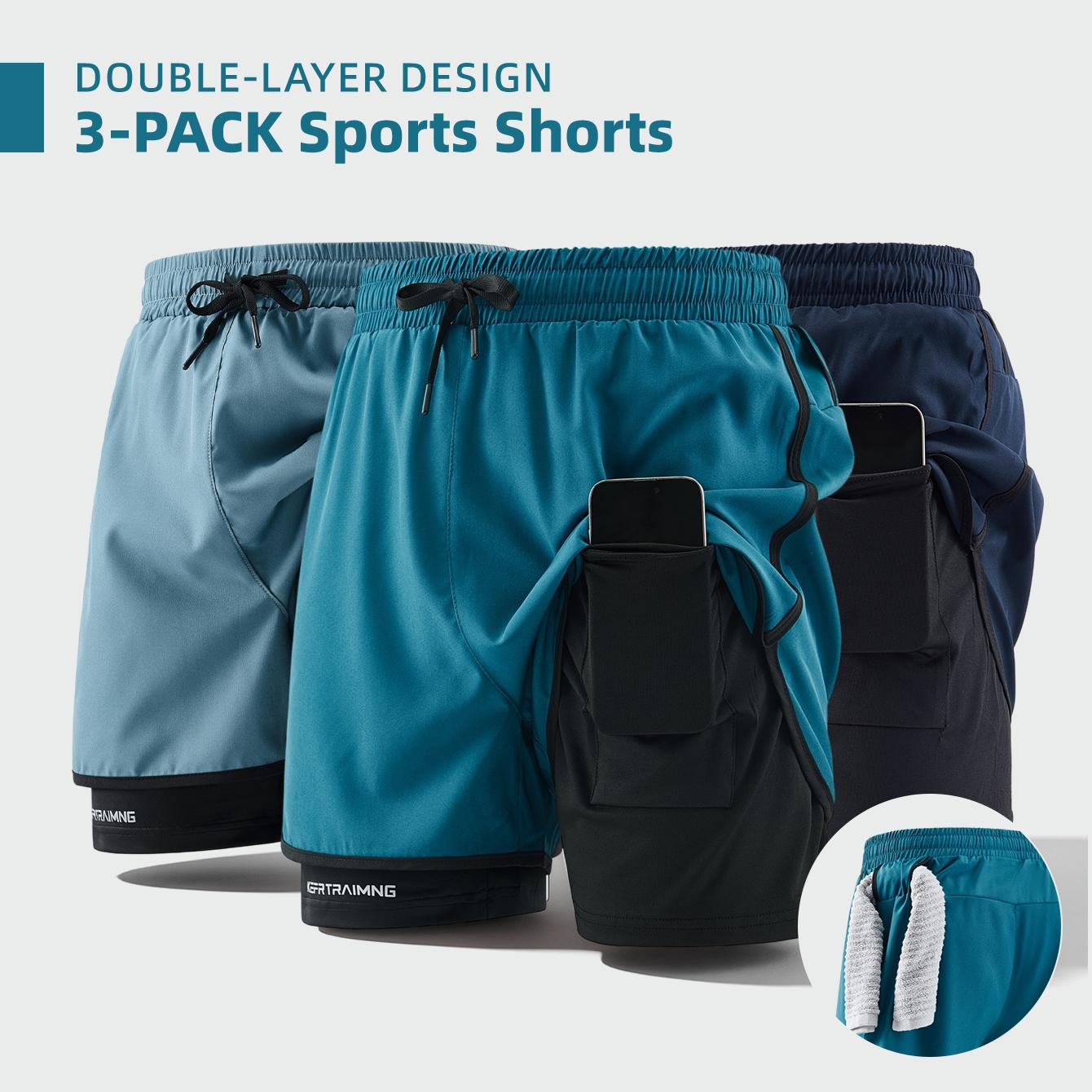 Men’s 3-pack double-layer faux two-piece running shorts with phone pocket and towel loop; quick-drying, breathable, anti-exposure design; lightweight and comfortable; versatile for running, fitness, basketball training, everyday commuting. Men’s 3-pack double-layer faux two-piece running shorts with phone pocket and towel loop; quick-drying, breathable, anti-exposure design; lightweight and comfortable; versatile for running, fitness, basketball training, everyday commuting.