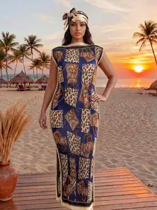 Sexy Leopard Print Set Elegant Chic Ruched Slim Fit Long Dress Shawl + Silk Scarf for Women Beach Sun Protection Fall & Winter