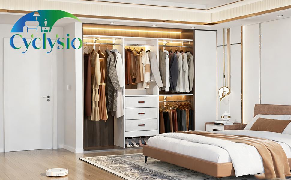 Cyclysio 60'' W Closet System with Drawers & Hanging Rods, 5FT Sturdy Walk-In Closet Organizer System Wardrobe Garment Rack with 3 Adjustable Shelves Cyclysio 60'' W Closet System with Drawers & Hanging Rods, 5FT Sturdy Walk-In Closet Organizer System Wardrobe Garment Rack with 3 Adjustable Shelves