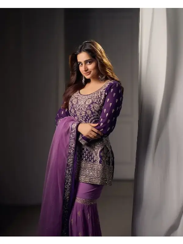 RICH LOOK GEORGETTE EMBROIDERY WORK TOP SHARARA WITH DUPATTA PURPLE