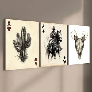 Cowboy Themed Poker Pattern Canvas Painting, 3 Counts Creative Design Wall Art, Wall Decor for Home Living Room Bedroom Office, Ornaments