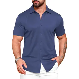 Men's Muscle Dress Shirts Slim Fit Stretch Wrinkle Free Short Sleeve Casual Button Down Shirts Menswear Top funny shirts Beige Plain funny shirts Biker Wetsuit funny shirts Shortsleeve Tropical funny shirts