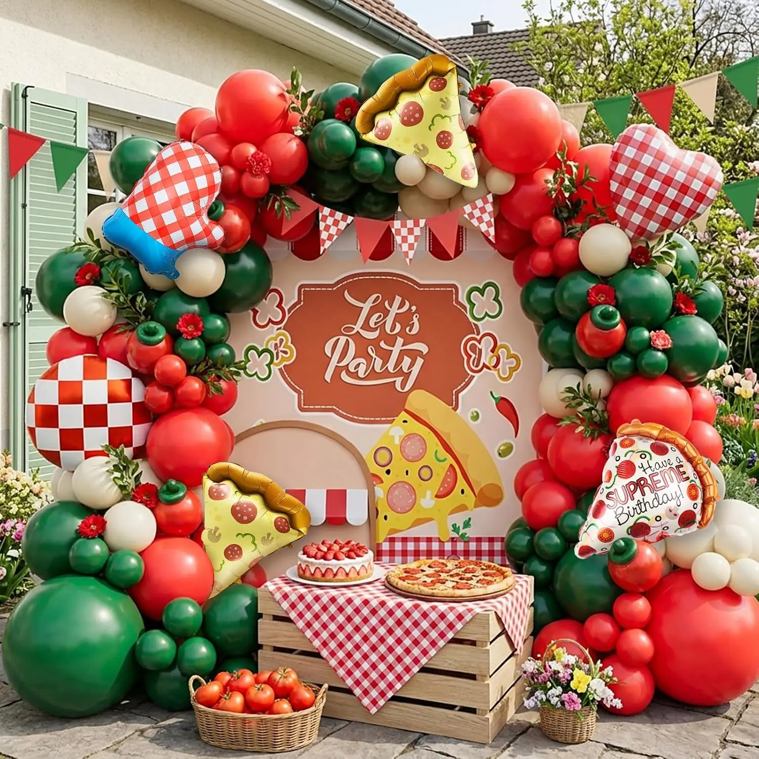 Pizza Party Balloon Arch Kit Red Green White Checkered Foil Balloons for Birthday Decor