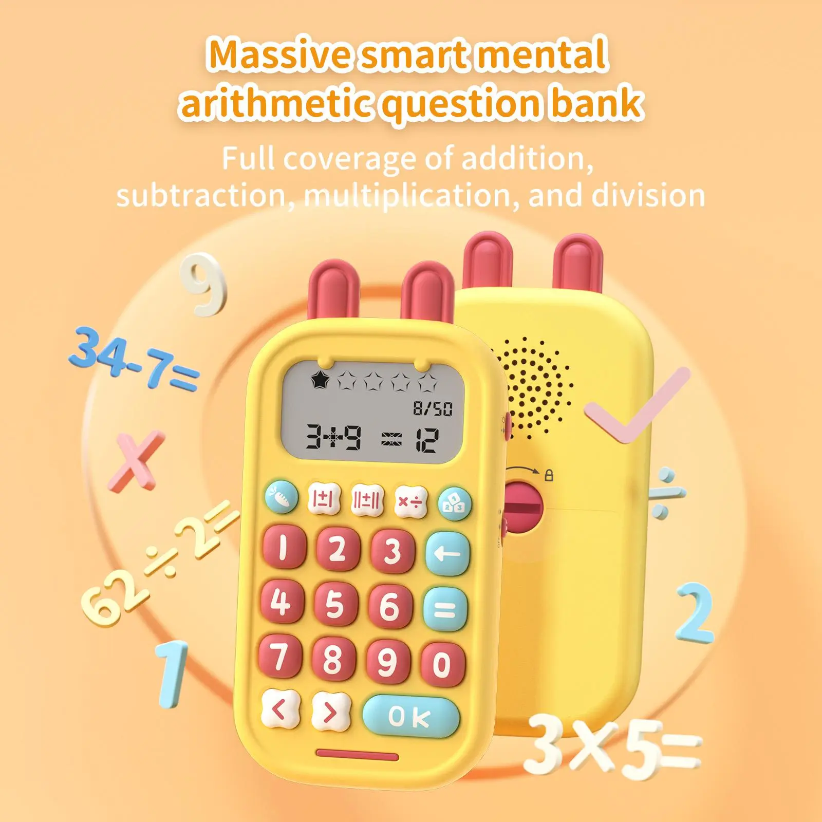 Math games suitable for children aged 3-12, portable addition, subtraction, multiplication, and division practice toys, featuring 5 modes of fun educational toys, 19 math games, and 50 math questions