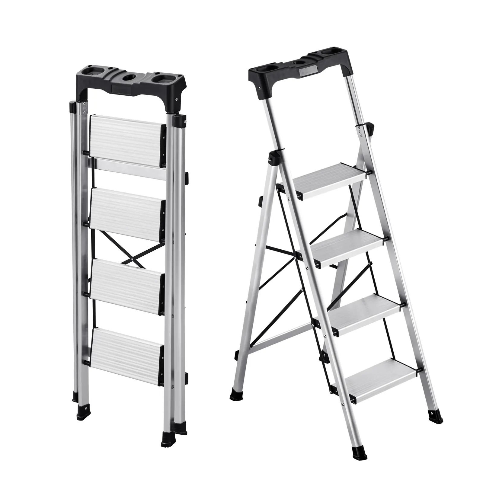 VEVOR 4 Step Ladder, Folding Step Stool with Wide Anti-Slip Pedal and Comfort Handgrip, 330 lbs Capacity Portable Aluminum Stepladder, Multi-Use for Kitchen, Home, Warehouse and Office, Silver, Step Folding Steps#BacktoSchool