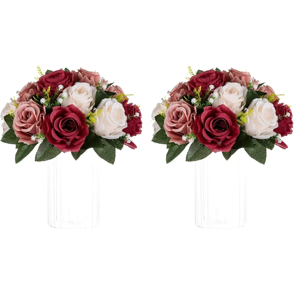 Artificial Flower Centrepieces for Tables-2 Pcs Burgundy, Dusty Rose & Creamy White Fake Flowers Roses Balls, 9.5in Diameter - Silk Faux Rose Arrangement for Wedding Party Table Decor, Decoration, Outdoor Artificial Flowers