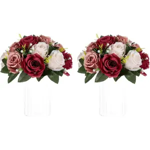Artificial Flower Centrepieces for Tables-2 Pcs Burgundy, Dusty Rose & Creamy White Fake Flowers Roses Balls, 9.5in Diameter - Silk Faux Rose Arrangement for Wedding Party Table Decor
