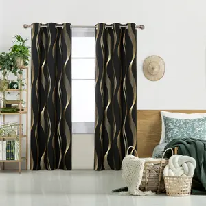 Blackout Curtains 2 panels, Deconovo Wave Striped Foil Golden Print Room Darkening Living Room Curtains curtain