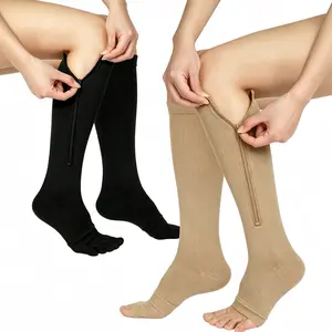 3 Pairs Zipper Open Toe Compression Socks 15-20mmHg, Nylon Knee High Socks for Nurses, Relieves Swelling & Varicose Veins, Improves Circulation for Work, Travel & Running