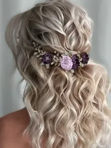 Purple Lilac Hair Comb with Crystals and Violet Flowers for Wedding Brides - Elegant Hair Accessory