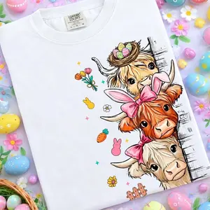 	Easter Highland Cow Shirt/Sweatshirt/Hoodie, Cute Cow Bunny Ears Bow Graphic Tee, Farm Animal Spring Easter Shirt, Western Country Easter Gift, For Men and For Women