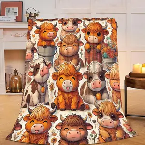Highland Cow Pattern Fluffy Blanket, Soft Warm Cute Cattle Plush Throw, Lightweight Flannel Fleece Bedding Decor, Gift for Kids & Adults, 40"x50" Travel Blanket, Soft Blankets