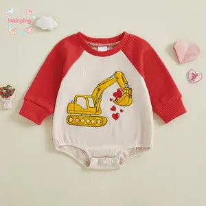 Baby Boy Valentine's Day Bodysuit, Red & Beige Raglan Sleeve Waffle Knit Long Sleeve Outfit with Excavator & Heart Embroidery Toddler Cute Festive Construction-Themed Clothes