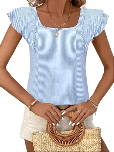 Women's Blue and White Striped Square Neck Ruffle Sleeve Blouse with Bow Back Casual Summer Top