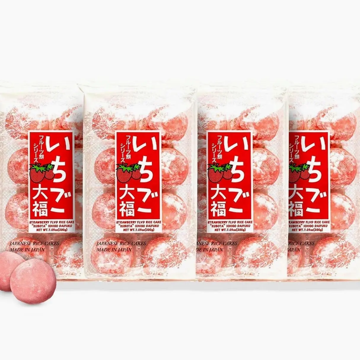 Japan Crate Kubota Daifuku Mochi - 4-Pack Strawberry Japanese Mochi Candy, Soft & Chewy Rice Cakes with Strawberry Paste Filling, Fridge & Freezer-Friendly Japanese Dessert