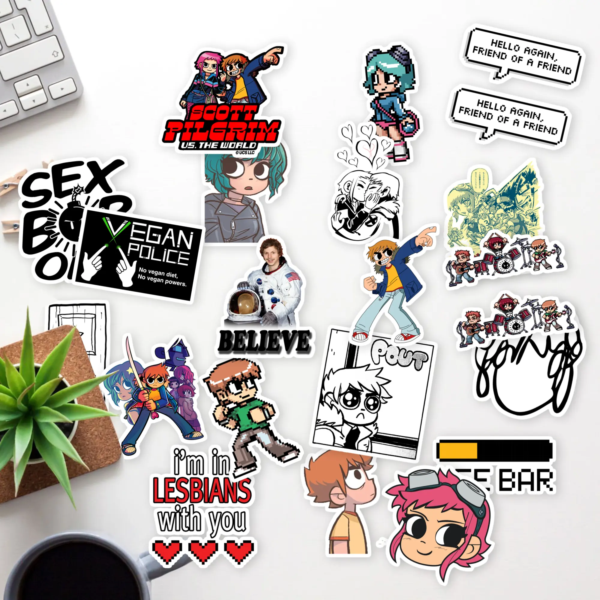 Stickers Pack 20 Pcs Scott Aesthetic Pilgrim Colorful Vinyl Waterproof Laptop Bumper Car Luggage Bike Water Bottle Skateboard Guitar, White, 2.1 x 2.1 inch
