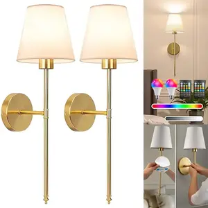 2-piece set, golden charging wall light, fabric-rechargeable RGB bulb, adhesive installation for living room, bedroom, staircase, corridor, study LED wall light, Decorative lamp
