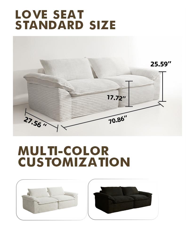71-inch Cloud Sofa Corduroy Loveseat, Modern Adjustable Upholstered Couch with Deep Seat, No Assembly Required, Space Saving Tufted Design, Spring for Lasting Support, Soft Plush in a Box, Suitable for Living Room & Bedroom